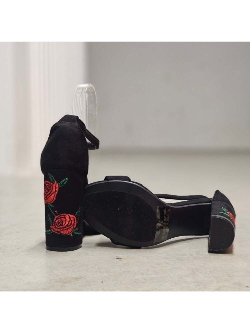 Black Faux Suede Block Heel Sandals With Rose Embroidery & Ankle Strap - Picture 8 of 13